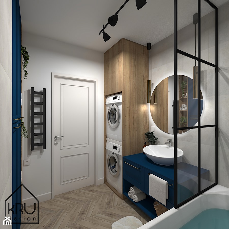 Łazienka z granatem - Mała bez okna z pralką / suszarką z lustrem z punktowym oświetleniem łazienka, styl nowoczesny - zdjęcie od KRU design