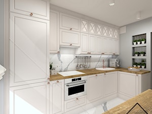 Salon z aneksem kuchennym - Średnia biała szara z zabudowaną lodówką z podblatowym zlewozmywakiem kuchnia w kształcie litery l, styl tradycyjny - zdjęcie od KRU design