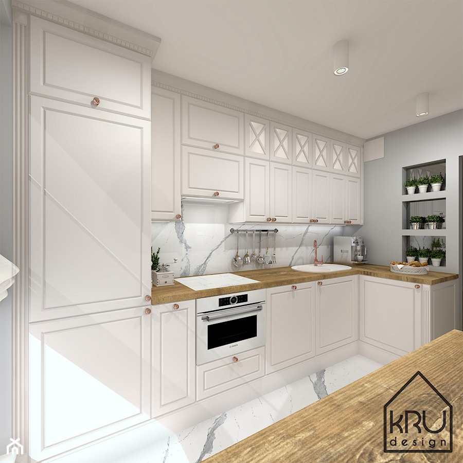 Salon z aneksem kuchennym - Średnia biała szara z zabudowaną lodówką z podblatowym zlewozmywakiem kuchnia w kształcie litery l, styl tradycyjny - zdjęcie od KRU design