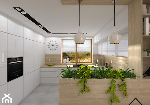 Rośliny w kuchni - Średnia otwarta biała z zabudowaną lodówką z lodówką wolnostojącą z nablatowym zlewozmywakiem kuchnia w kształcie litery g z oknem, styl nowoczesny - zdjęcie od KRU design