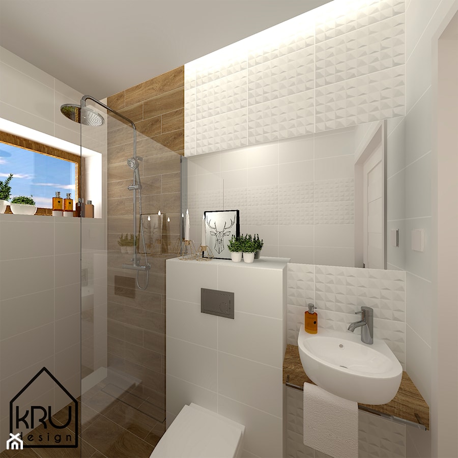 Niewielka łazienka w bieli & drewnie - Średnia z lustrem łazienka z oknem, styl skandynawski - zdjęcie od KRU design