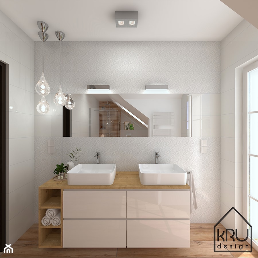 Łazienka w bieli i drewnie - Średnia na poddaszu z lustrem z dwoma umywalkami z punktowym oświetleniem łazienka z oknem, styl nowoczesny - zdjęcie od KRU design