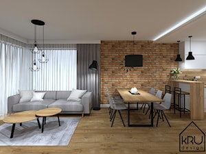 Cegła, drewno i beton - Średnia brązowa jadalnia w salonie w kuchni, styl industrialny - zdjęcie od KRU design