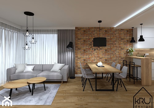Cegła, drewno i beton - Średnia brązowa jadalnia w salonie w kuchni, styl industrialny - zdjęcie od KRU design
