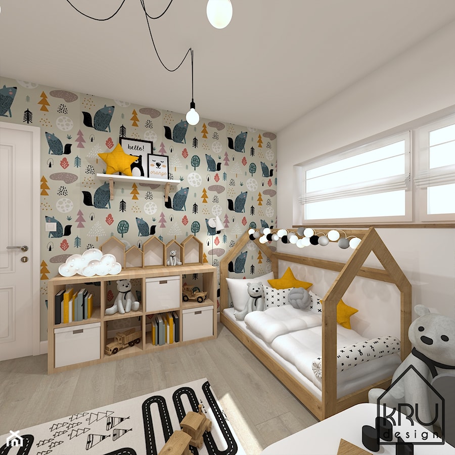 Pokój dziecięcy z tapetą - Duży beżowy biały niebieski z motywem lasu z motywem zwierząt pokój dziecka dla dziecka dla chłopca dla dziewczynki, styl skandynawski - zdjęcie od KRU design