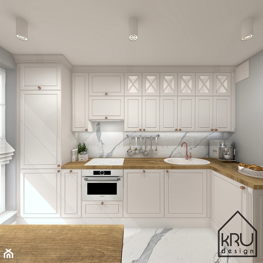 Salon z aneksem kuchennym - Mała z salonem szara z zabudowaną lodówką z podblatowym zlewozmywakiem kuchnia w kształcie litery l, styl tradycyjny - zdjęcie od KRU design