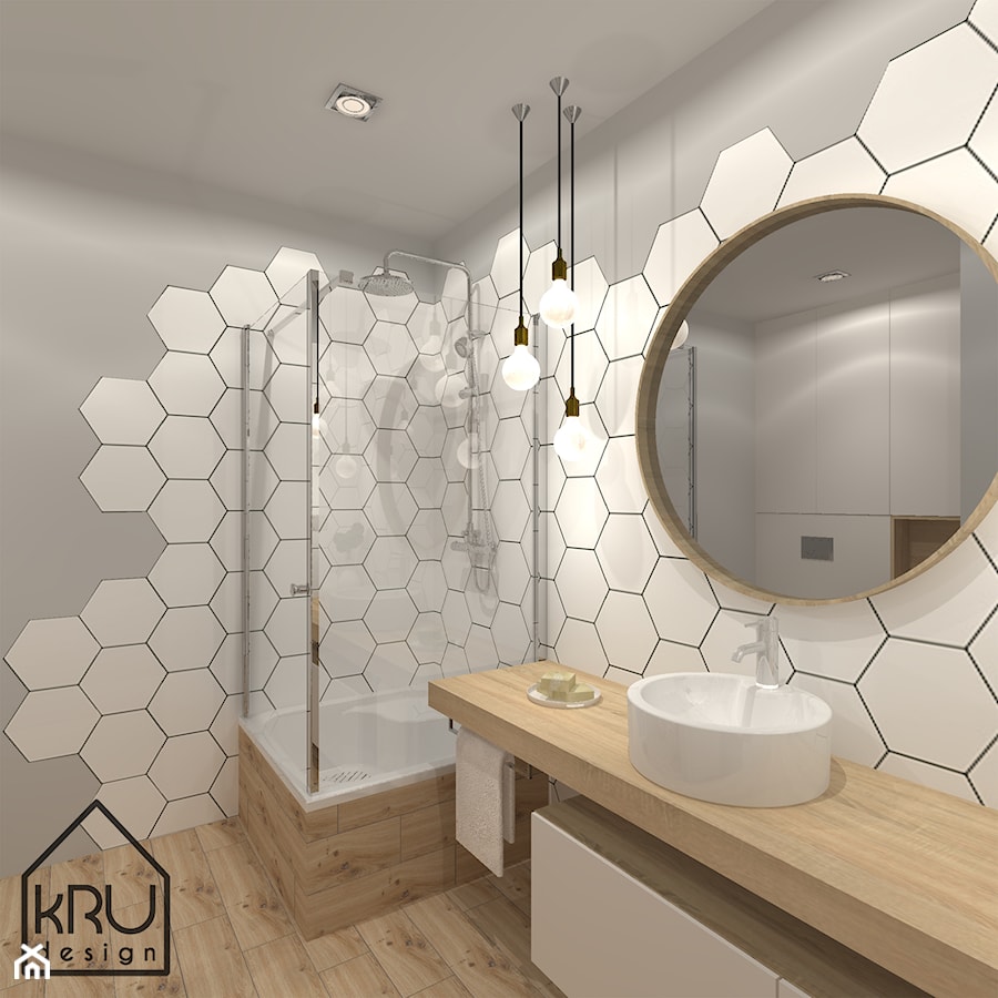 Białe heksagony w łazience - Średnia bez okna z punktowym oświetleniem łazienka, styl nowoczesny - zdjęcie od KRU design