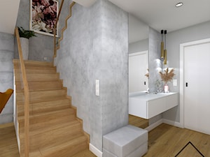 Cegła, beton i drewno w salonie - Schody, styl nowoczesny - zdjęcie od KRU design