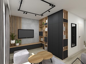 Lamele w salonie - Mały brązowy czarny szary salon, styl nowoczesny - zdjęcie od KRU design
