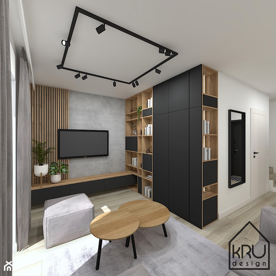 Lamele w salonie - Mały brązowy czarny szary salon, styl nowoczesny - zdjęcie od KRU design