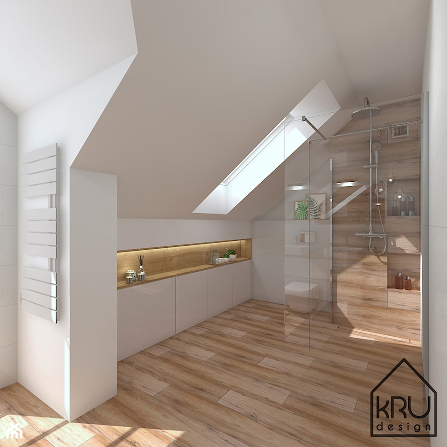 Łazienka w bieli i drewnie - Średnia na poddaszu z punktowym oświetleniem łazienka z oknem, styl nowoczesny - zdjęcie od KRU design