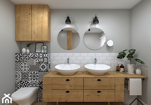Łazienka w domu z bali - Średnia z dwoma umywalkami łazienka z oknem, styl skandynawski - zdjęcie od KRU design