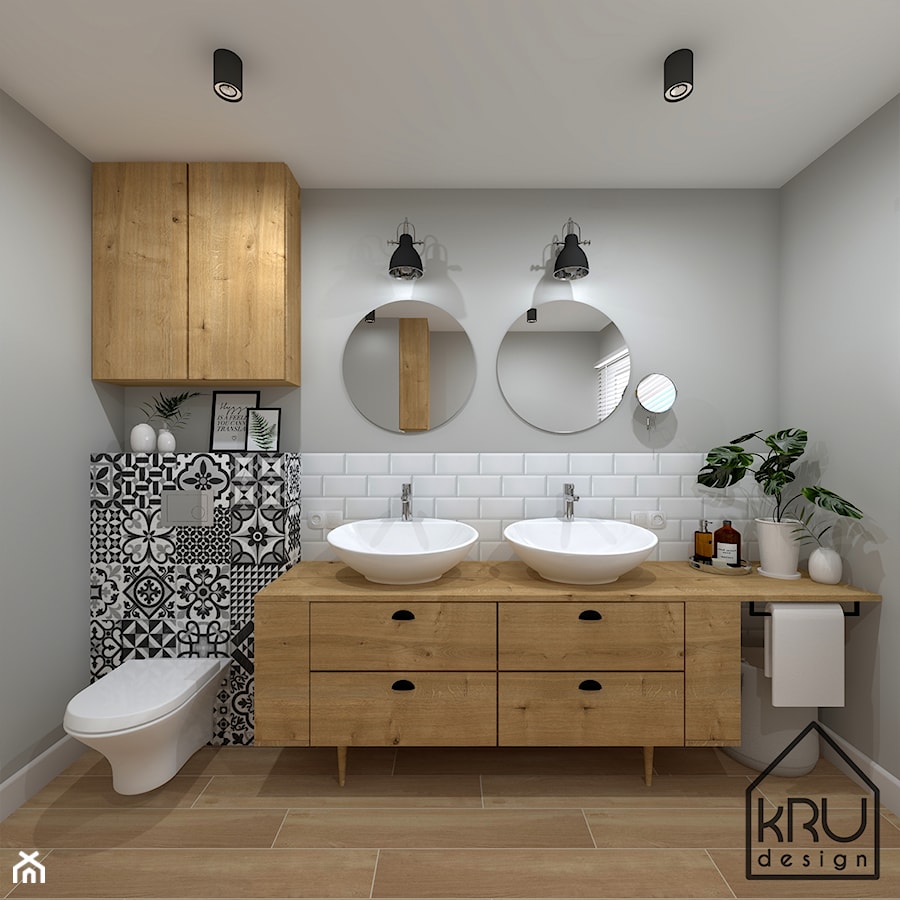 Łazienka w domu z bali - Średnia z dwoma umywalkami łazienka z oknem, styl skandynawski - zdjęcie od KRU design