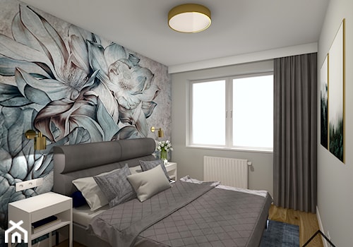 Sypialnia z tapetą w kwiaty - Średnia biała szara sypialnia, styl nowoczesny - zdjęcie od KRU design