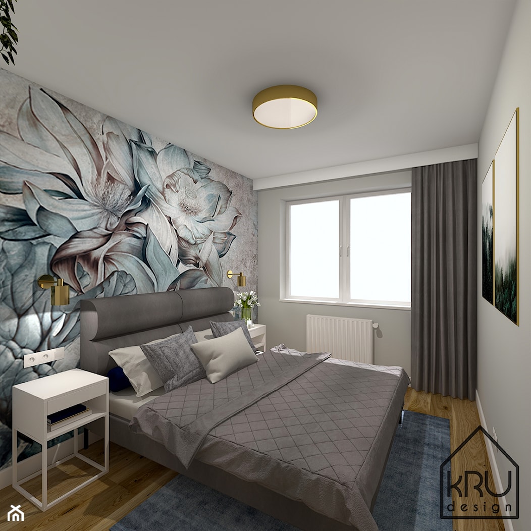 Sypialnia z tapetą w kwiaty - Średnia biała szara sypialnia, styl nowoczesny - zdjęcie od KRU design - Homebook