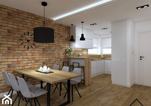 Cegła, drewno i beton - Średnia biała brązowa jadalnia w kuchni jako osobne pomieszczenie, styl ind ... - zdjęcie od KRU design