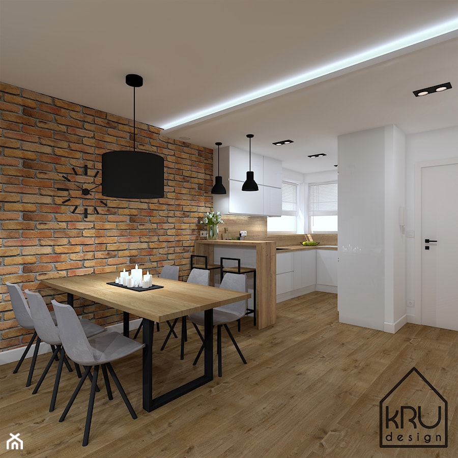 Cegła, drewno i beton - Średnia biała brązowa jadalnia w kuchni jako osobne pomieszczenie, styl ind ... - zdjęcie od KRU design