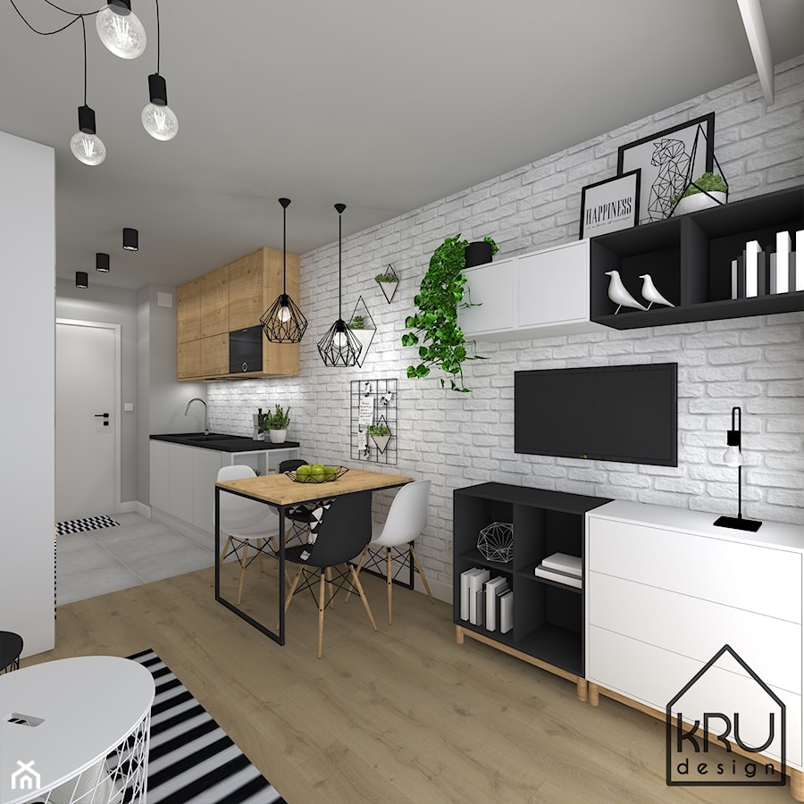 Mikroapartament part. 2 - Mały biały salon z kuchnią z jadalnią, styl skandynawski - zdjęcie od KRU design