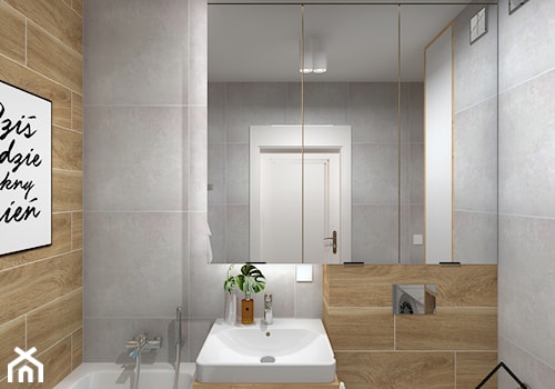 Beton i drewno w łazience - Mała bez okna z lustrem z punktowym oświetleniem łazienka, styl nowoczesny - zdjęcie od KRU design