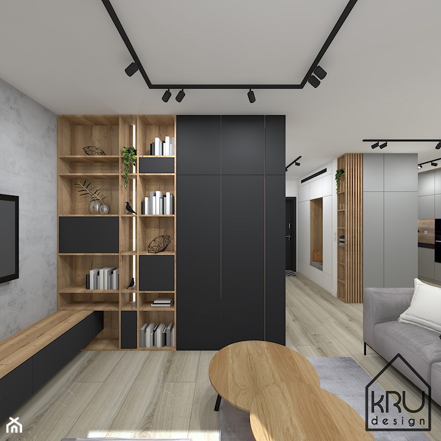 Lamele w salonie - Mały biały brązowy szary salon z kuchnią z bibiloteczką, styl nowoczesny - zdjęcie od KRU design