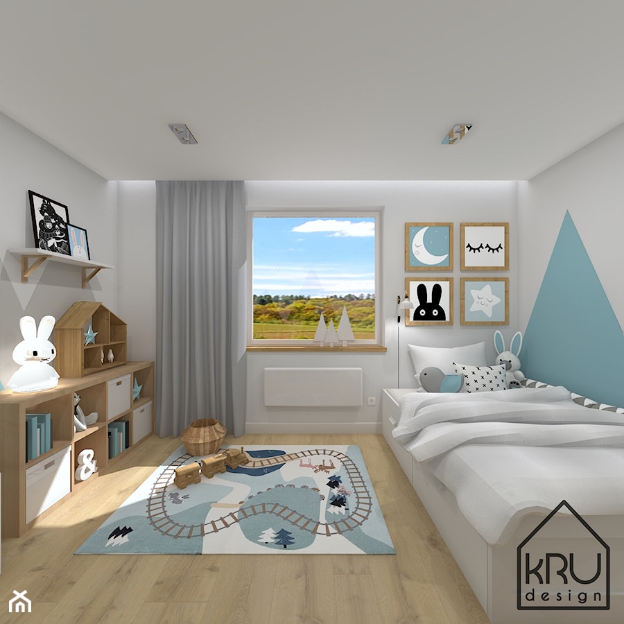 Pastelowy pokój dziecięcy - Średni biały niebieski pokój dziecka dla dziecka dla chłopca, styl skandynawski - zdjęcie od KRU design