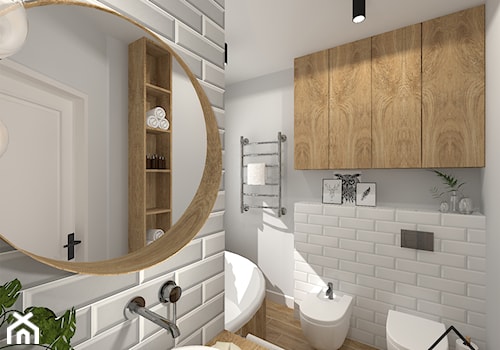 Łazienka w cegiełce - Średnia bez okna z lustrem z punktowym oświetleniem łazienka, styl skandynawski - zdjęcie od KRU design