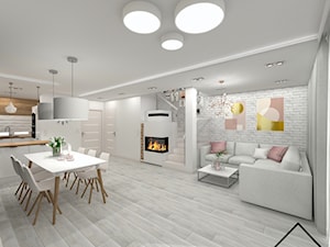 Salon z jadalnią w bieli i drewnie - Średni biały salon z kuchnią z jadalnią, styl nowoczesny - zdjęcie od KRU design
