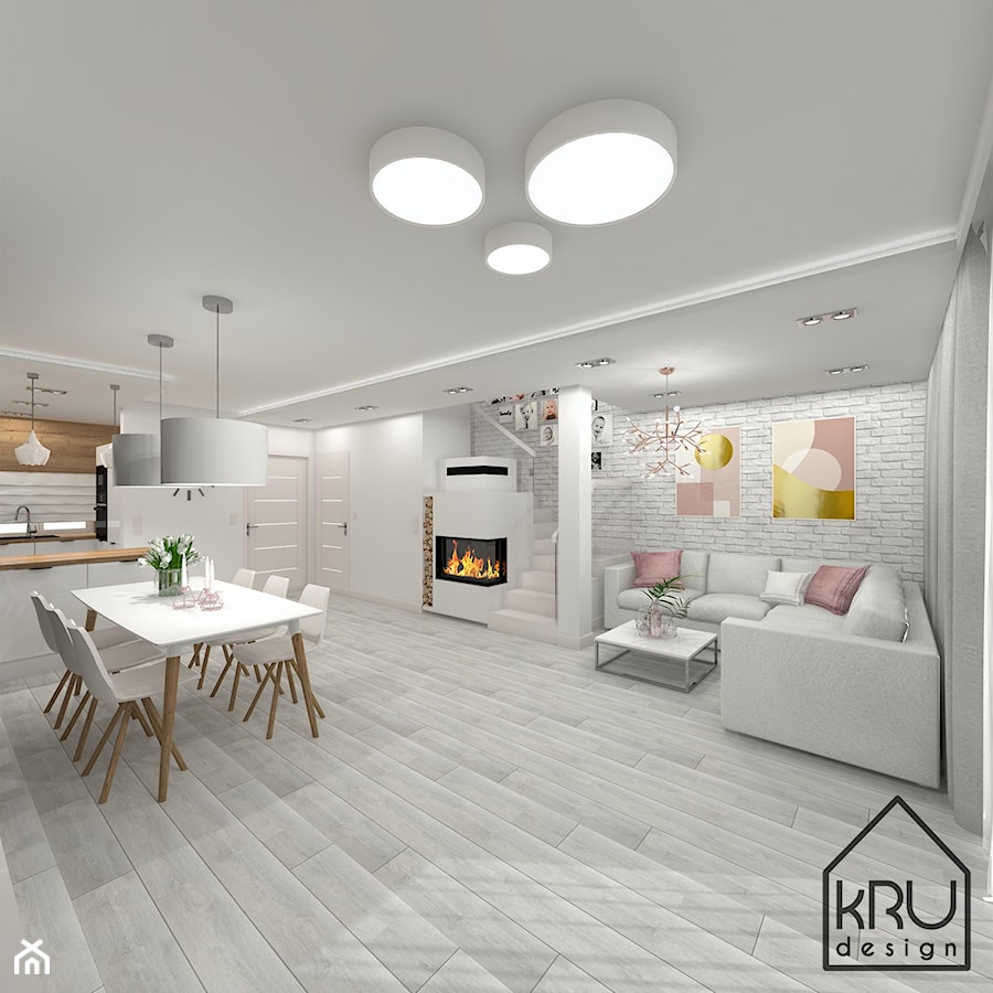 Salon z jadalnią w bieli i drewnie - Średni biały salon z kuchnią z jadalnią, styl nowoczesny - zdjęcie od KRU design
