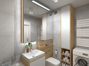 Beton i drewno w łazience - Średnia bez okna z pralką / suszarką z lustrem z punktowym oświetleniem łazienka, styl nowoczesny - zdjęcie od KRU design