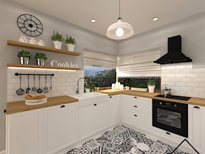Kuchnia patchwork - Średnia otwarta biała szara z zabudowaną lodówką z nablatowym zlewozmywakiem kuchnia w kształcie litery l z oknem, styl skandynawski - zdjęcie od KRU design