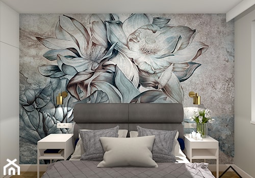 Sypialnia z tapetą w kwiaty - Średnia szara sypialnia, styl glamour - zdjęcie od KRU design