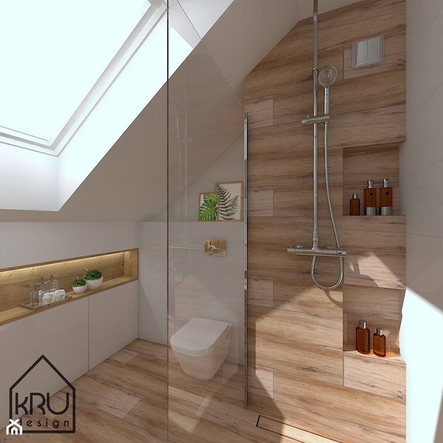 Łazienka w bieli i drewnie - Mała na poddaszu łazienka z oknem, styl nowoczesny - zdjęcie od KRU design