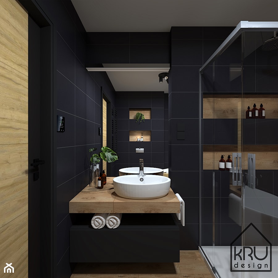 Łazienka w czerni i drewnie - Łazienka, styl nowoczesny - zdjęcie od KRU design