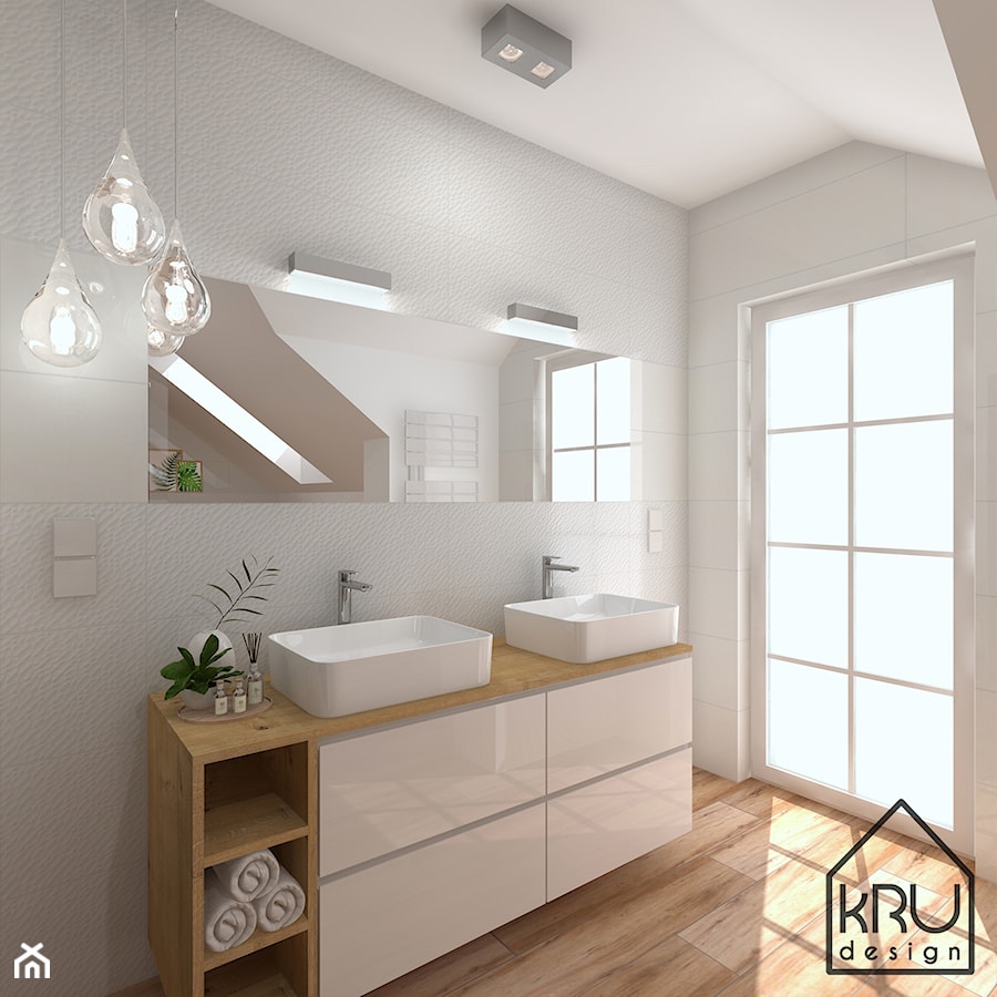 Łazienka w bieli i drewnie - Na poddaszu z lustrem z dwoma umywalkami z punktowym oświetleniem łazienka z oknem, styl nowoczesny - zdjęcie od KRU design