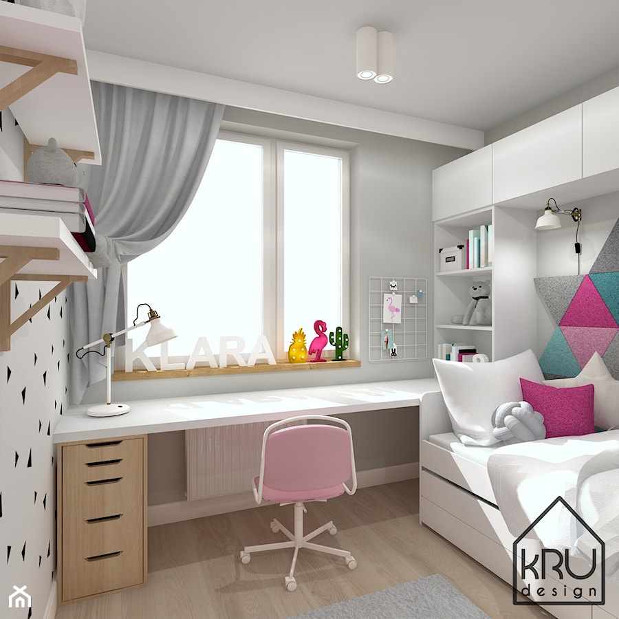 Pokój 6-letniej dziewczynki - Mały szary pokój dziecka dla dziecka dla dziewczynki, styl skandynawski - zdjęcie od KRU design