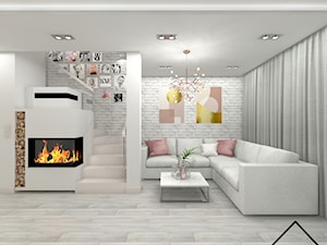 Salon z jadalnią w bieli i drewnie - Średni biały salon, styl nowoczesny - zdjęcie od KRU design