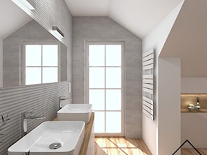 Nowoczesna łazienka w szarości i drewnie - Duża na poddaszu z lustrem z dwoma umywalkami łazienka z oknem, styl nowoczesny - zdjęcie od KRU design