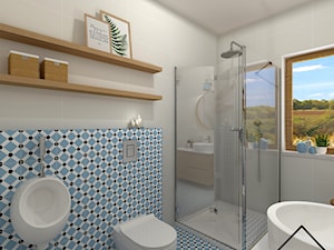 Niebieska łazienka przy sypialni głównej - Średnia łazienka z oknem, styl skandynawski - zdjęcie od KRU design