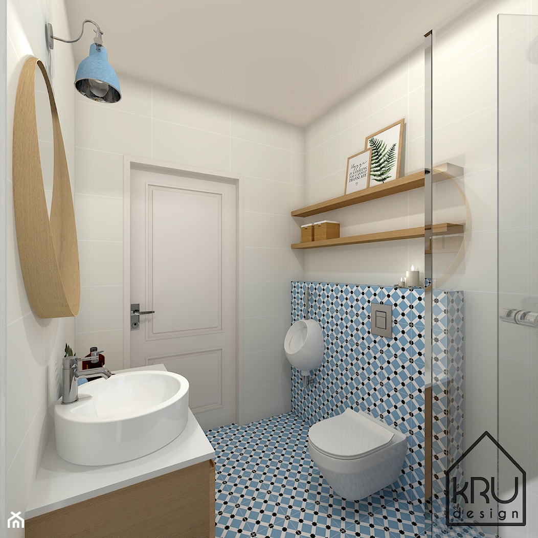 Niebieska łazienka przy sypialni głównej - Mała bez okna łazienka, styl skandynawski - zdjęcie od KRU design - Homebook