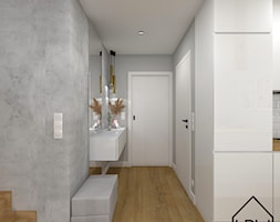 Cegła, beton i drewno w salonie - Hol / przedpokój, styl nowoczesny - zdjęcie od KRU design - Homebook
