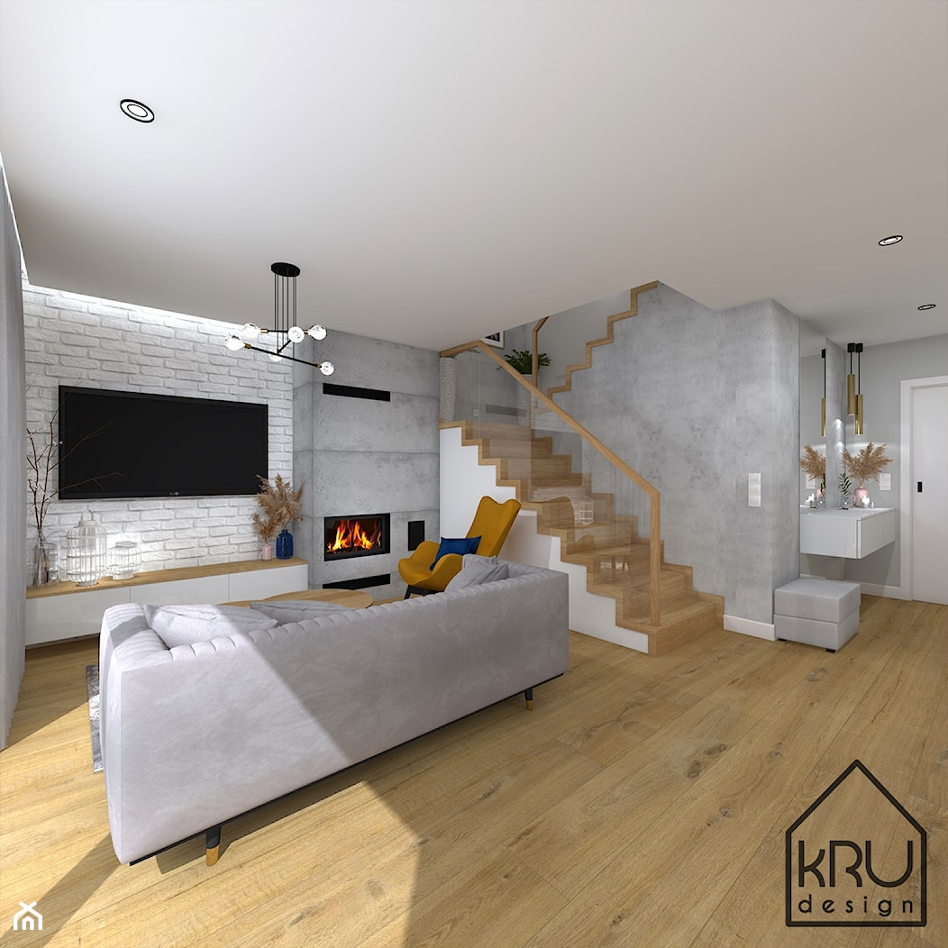 Cegła, beton i drewno w salonie - Salon, styl nowoczesny - zdjęcie od KRU design - Homebook