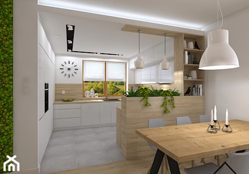 Rośliny w kuchni - Duża otwarta biała z zabudowaną lodówką z nablatowym zlewozmywakiem kuchnia w kształcie litery g z oknem, styl nowoczesny - zdjęcie od KRU design