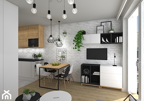 Mikroapartament part. 2 - Biały salon z kuchnią z jadalnią z tarasem / balkonem, styl skandynawski - zdjęcie od KRU design