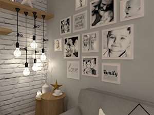 Biała cegła w salonie - Mały szary salon, styl skandynawski - zdjęcie od KRU design