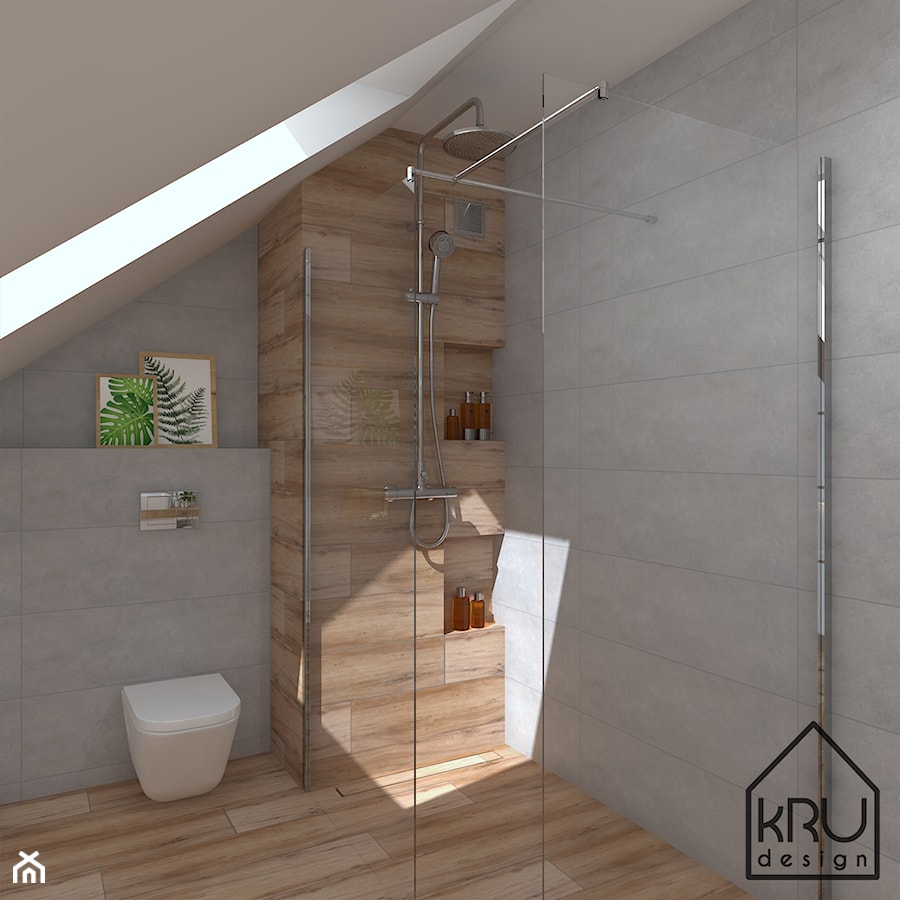 Nowoczesna łazienka w szarości i drewnie - Średnia na poddaszu łazienka z oknem, styl nowoczesny - zdjęcie od KRU design