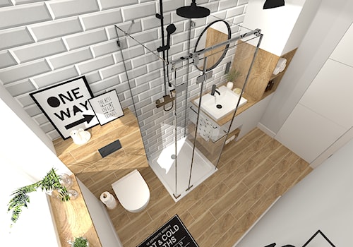 Szara cegiełka w łazience - Mała łazienka z oknem, styl industrialny - zdjęcie od KRU design