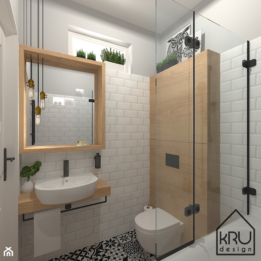 Łazienka z patchworkiem - Średnia na poddaszu bez okna łazienka, styl skandynawski - zdjęcie od KRU design