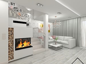 Salon z jadalnią w bieli i drewnie - Średni szary salon, styl nowoczesny - zdjęcie od KRU design