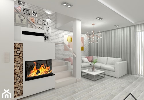 Salon z jadalnią w bieli i drewnie - Średni szary salon, styl nowoczesny - zdjęcie od KRU design