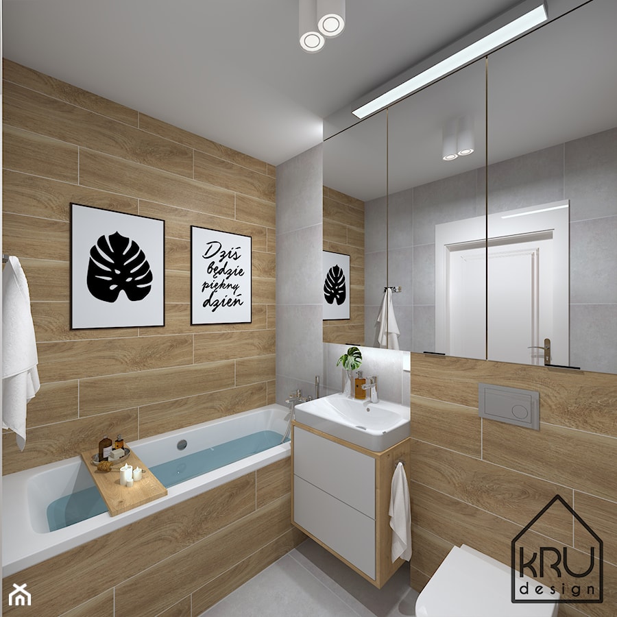 Beton i drewno w łazience - Średnia bez okna z lustrem z punktowym oświetleniem łazienka, styl nowoczesny - zdjęcie od KRU design
